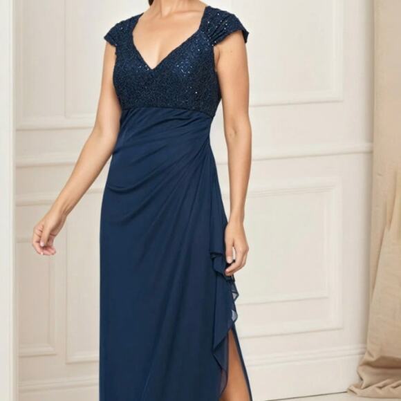 New Alex Evenings Navy blue formal ruched side gown sequined bodice size 6 - Picture 2 of 9